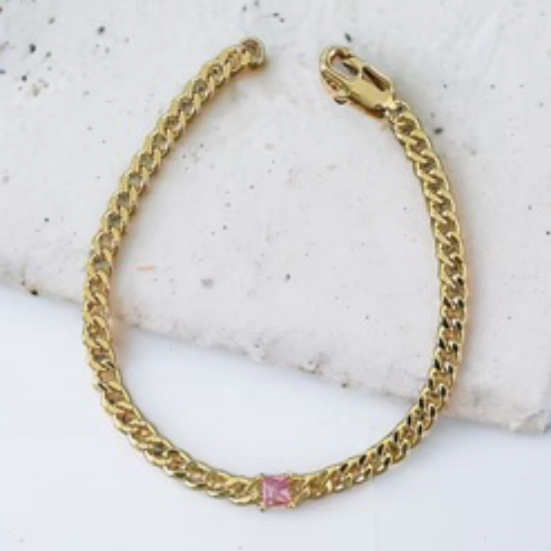 M79-Curb Chain Bracelet with Floating Cubic Zirconia (Gold & Silver and multiple color stones) - Thumbnail (Preview) 6