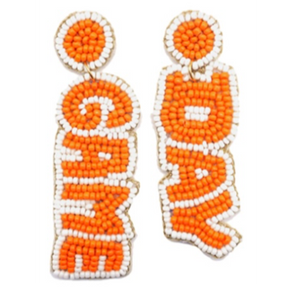 T85- 2.75” Orange/ White GAME DAY Seed Bead Drop Earrings