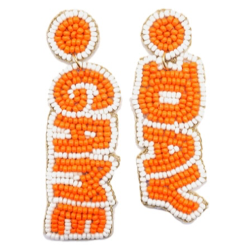 T85- 2.75” Orange/ White GAME DAY Seed Bead Drop Earrings Main Image