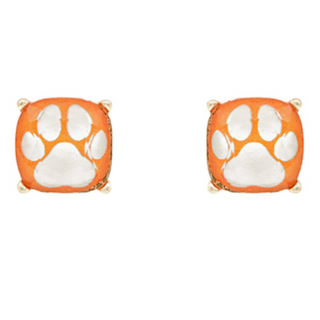 C116-Orange with White Paw Print Square Earrings 