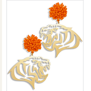 C50-Gold Filigree Tiger Head Earrings with Orange Bead Pom