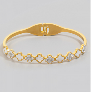 Q53-Stainless Steel Shell And Pave Clovers Hinge Bangle Bracelet