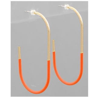 C31- Half Color Coated Oval Hoop Earrings- Orange