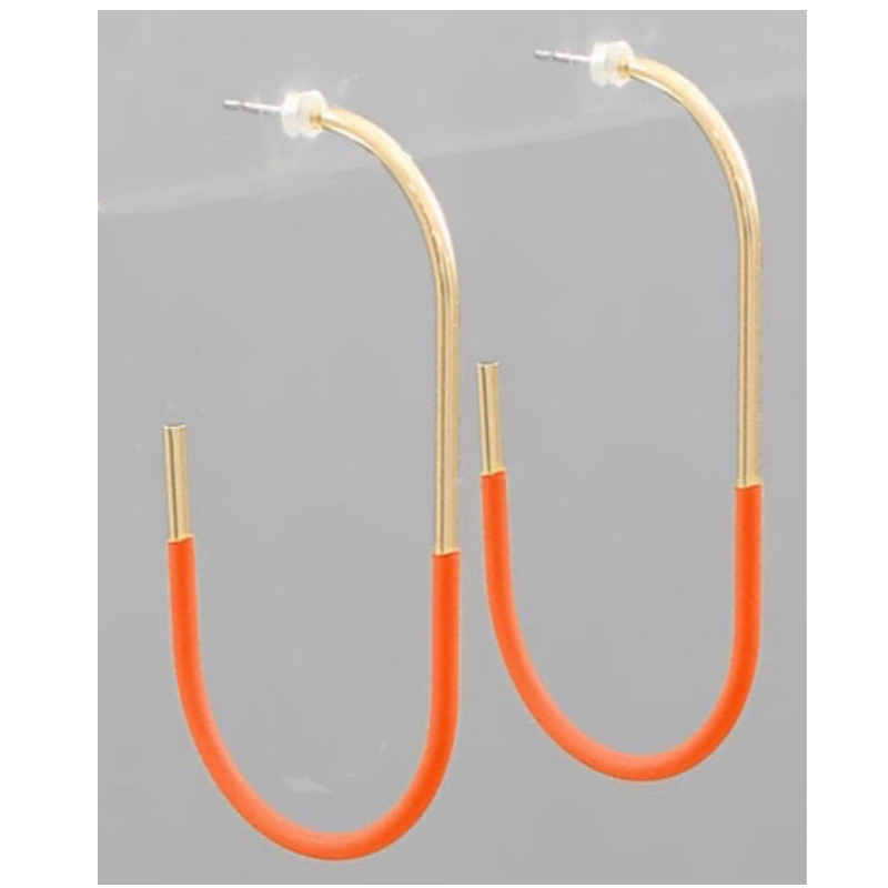 C31- Half Color Coated Oval Hoop Earrings- Orange Main Image