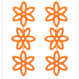 C69- Orange Wrapped Raffia Flower 3 Drop Earrings