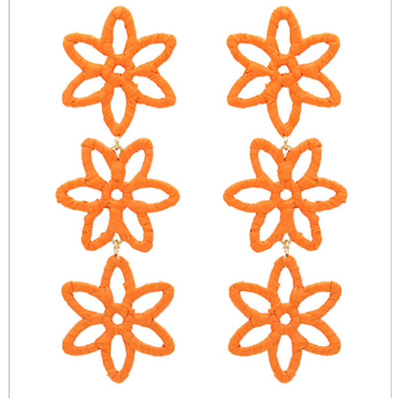 C69- Orange Wrapped Raffia Flower 3 Drop Earrings Main Image