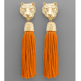 C56- Game Day Gold Tiger Face with Orange Tassel Earrings