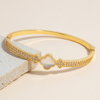 Q54-Gold Plated Pearl And Cz Pave Clover Bangle Bracelet