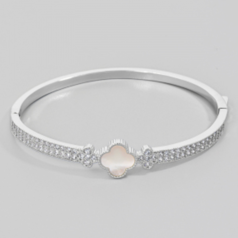 Q54-Gold Plated Pearl And Cz Pave Clover Bangle Bracelet - Thumbnail (Preview) 2