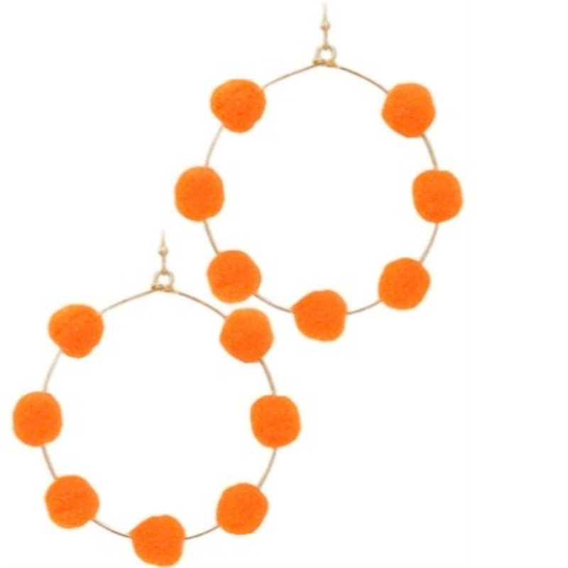 T17 - stationed orange pompom metal circle earrings Main Image