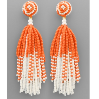 T184- 3 1/2” Orange & White Seed Bead Two-tone Bead Tassel Earrings