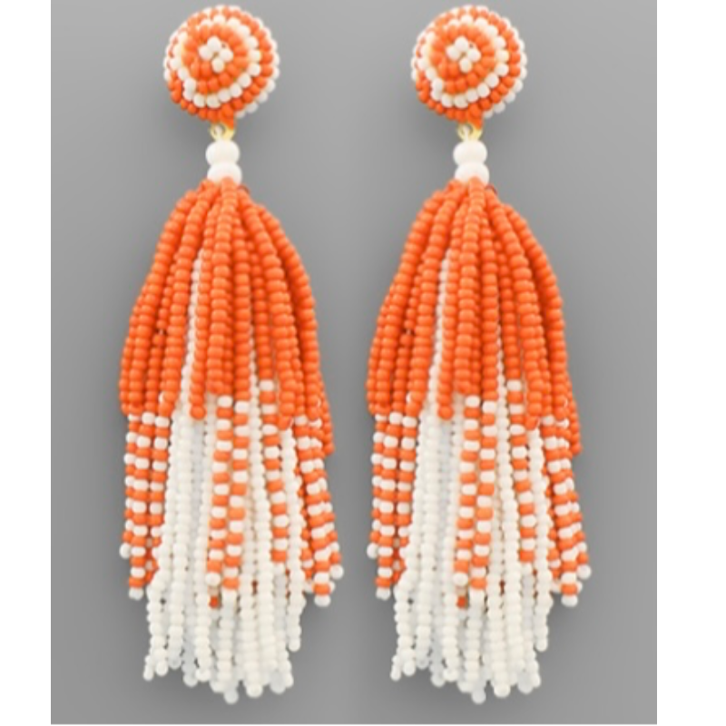 T184- 3 1/2” Orange & White Seed Bead Two-tone Bead Tassel Earrings Main Image