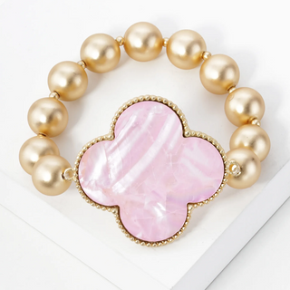 Q15- Mother of Pearl Quatrefoil Metallic Ball Bead Stretch Bracelet - Thumbnail 3