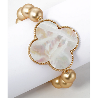 Q15- Mother of Pearl Quatrefoil Metallic Ball Bead Stretch Bracelet - Thumbnail 8