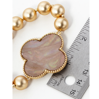 Q15- Mother of Pearl Quatrefoil Metallic Ball Bead Stretch Bracelet - Thumbnail 9