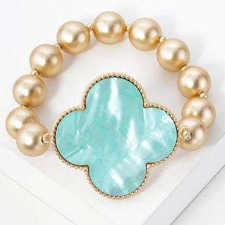 Q15- Mother of Pearl Quatrefoil Metallic Ball Bead Stretch Bracelet - Thumbnail 2