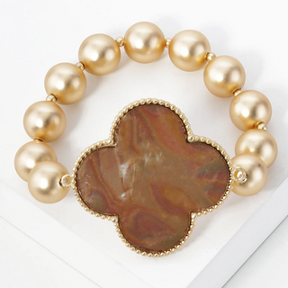 Q15- Mother of Pearl Quatrefoil Metallic Ball Bead Stretch Bracelet