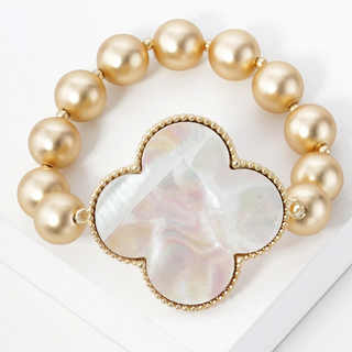 Q15- Mother of Pearl Quatrefoil Metallic Ball Bead Stretch Bracelet - Thumbnail 4