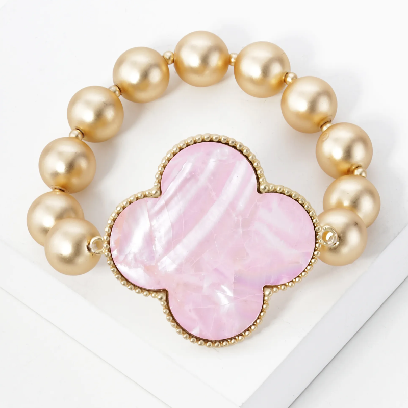 Q15- Mother of Pearl Quatrefoil Metallic Ball Bead Stretch Bracelet - Thumbnail (Preview) 3