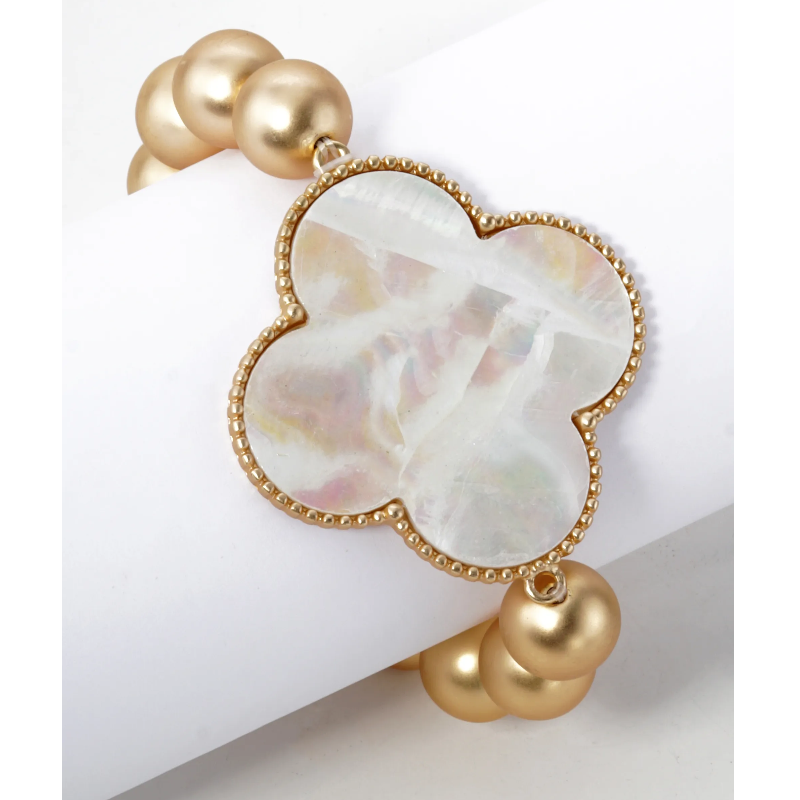 Q15- Mother of Pearl Quatrefoil Metallic Ball Bead Stretch Bracelet - Thumbnail (Preview) 8