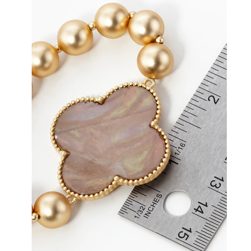 Q15- Mother of Pearl Quatrefoil Metallic Ball Bead Stretch Bracelet - Thumbnail (Preview) 9