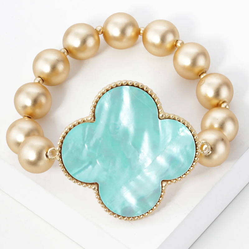 Q15- Mother of Pearl Quatrefoil Metallic Ball Bead Stretch Bracelet - Thumbnail (Preview) 2