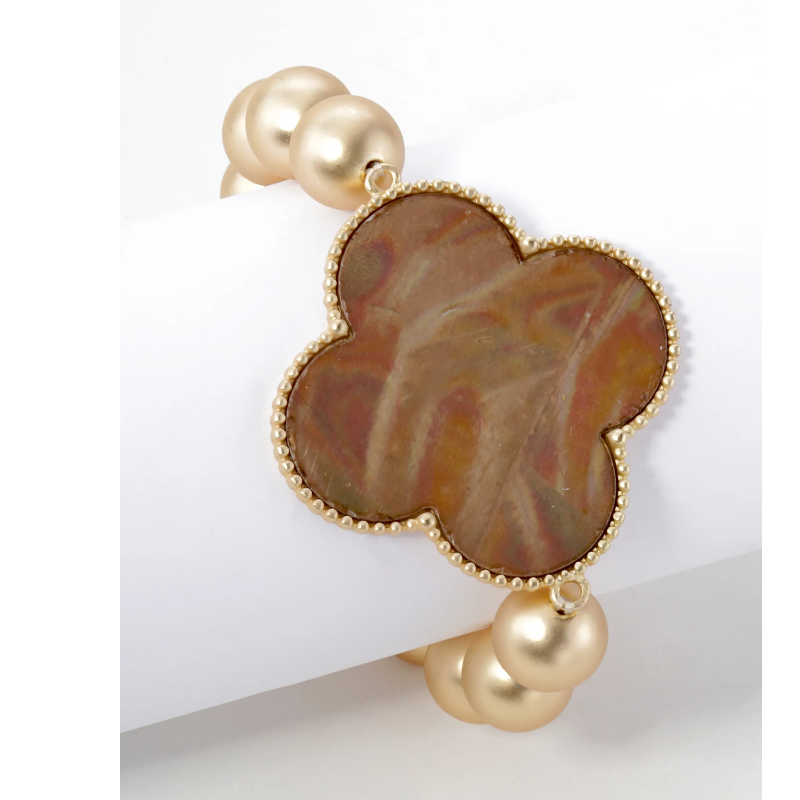 Q15- Mother of Pearl Quatrefoil Metallic Ball Bead Stretch Bracelet - Thumbnail (Preview) 5