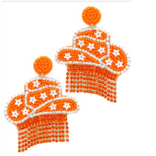 T105- 2.45”  orange/white Cowgirl Hat & Fringe Earrings