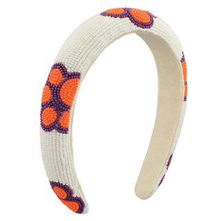 C73- white, orange & purple- Paw print beaded headband