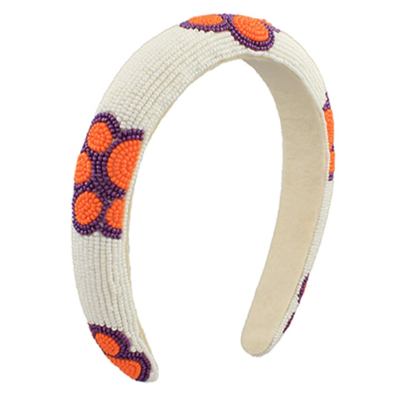 C73- white, orange & purple- Paw print beaded headband Main Image