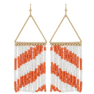 T116- 2.25” White & Orange Stripe & Beaded Tassel Earrings-