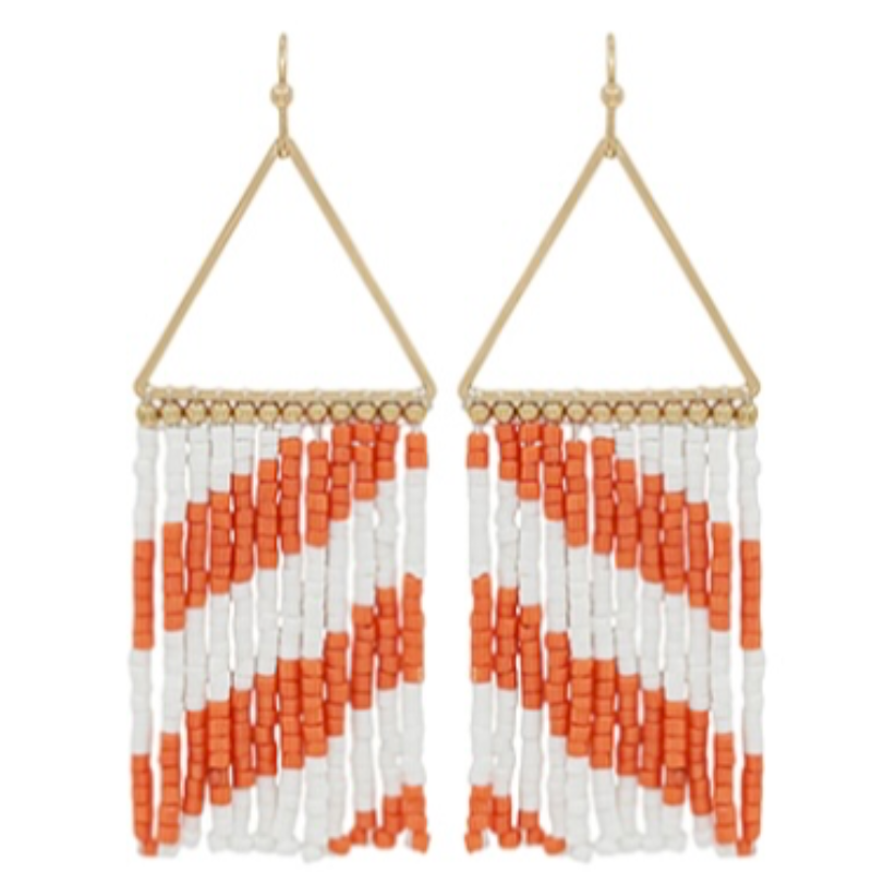 T116- 2.25” White & Orange Stripe & Beaded Tassel Earrings- Main Image