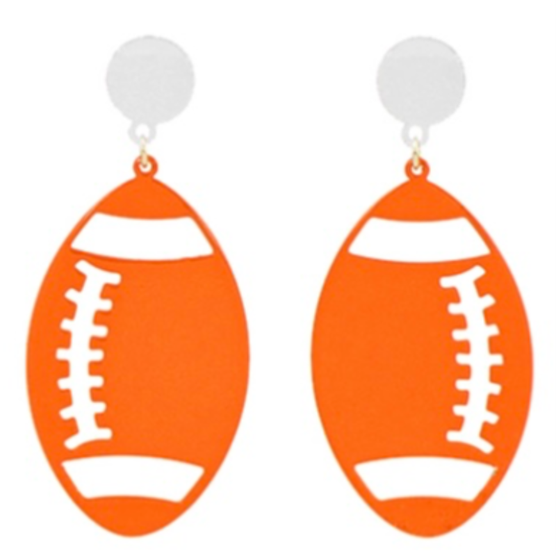 T114- 2.75” White/Orange Football Dangle Earrings- Main Image