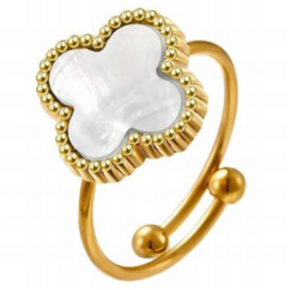 R14-Mother of Pearl Quatrafoil- 18K GOLD PLATED STAINLESS STEEL "FOUR-LEAF CLOVER" RING