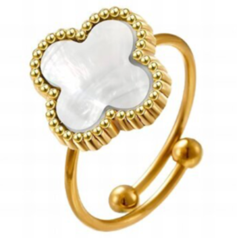 R14-Mother of Pearl Quatrafoil- 18K GOLD PLATED STAINLESS STEEL "FOUR-LEAF CLOVER" RING Main Image