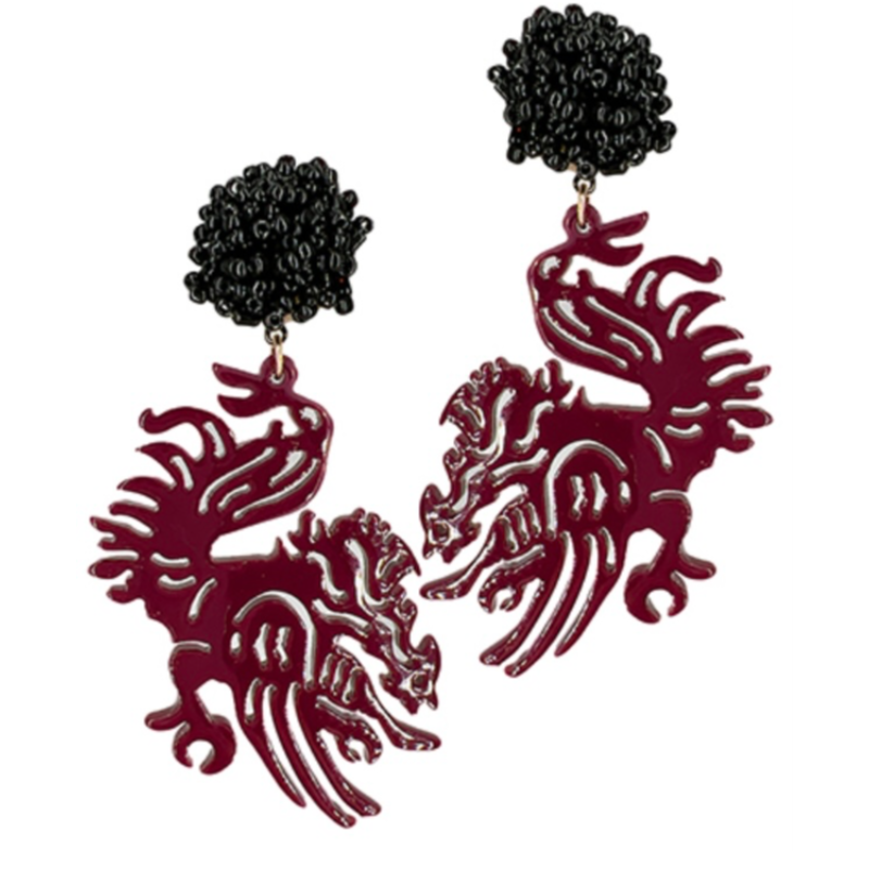 USC16- Black Pompom Acrylic Gamecock Earrings Main Image