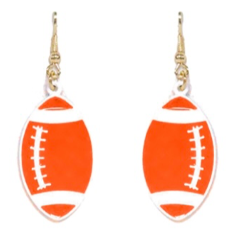 T111-1.5”  Orange/ White Acrylic Football Dangle Earrings- Main Image