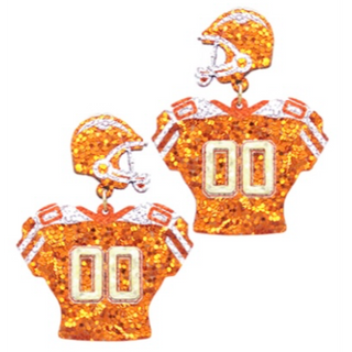 T124- 2” Orange/White Glitter Helmet & Uniform Earrings