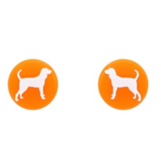 T11- orange white hound dog disk earrings