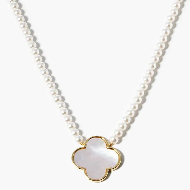 Q2- 18k gold dipped 20mm mother of pearl quatrefoil pendant necklace Main Image