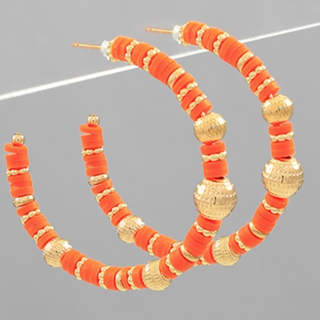 C94-Orange & Gold Metal & Heishi Bead Hoops