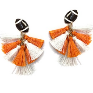 T191- Orange & White Football & Tassel Earrings