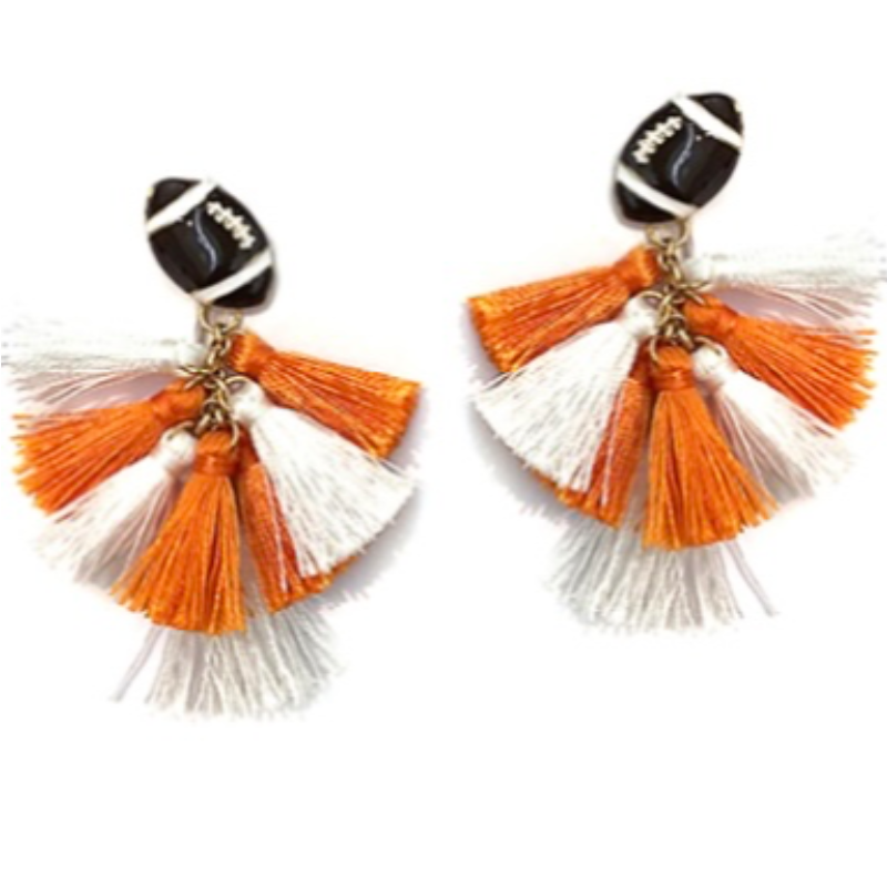 T191- Orange & White Football & Tassel Earrings Main Image