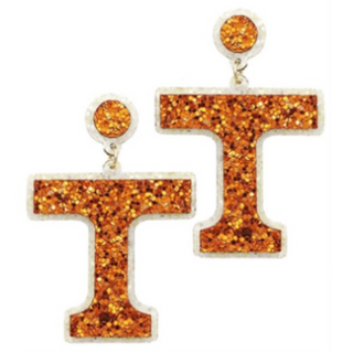 T143- 2” Orange Glitter T Letter Earrings