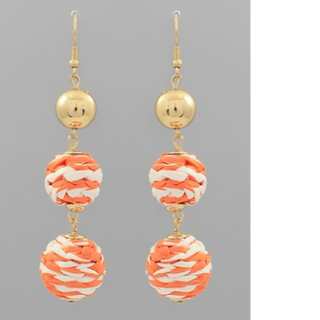 T8- Raffia Ball 2 Drop Earrings orange/ white & gold