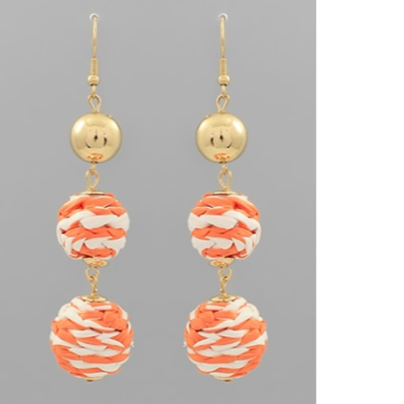 T8- Raffia Ball 2 Drop Earrings orange/ white & gold Main Image