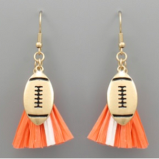 T173- 2.25” Orange/White Football & Raffia Tassel Earrings