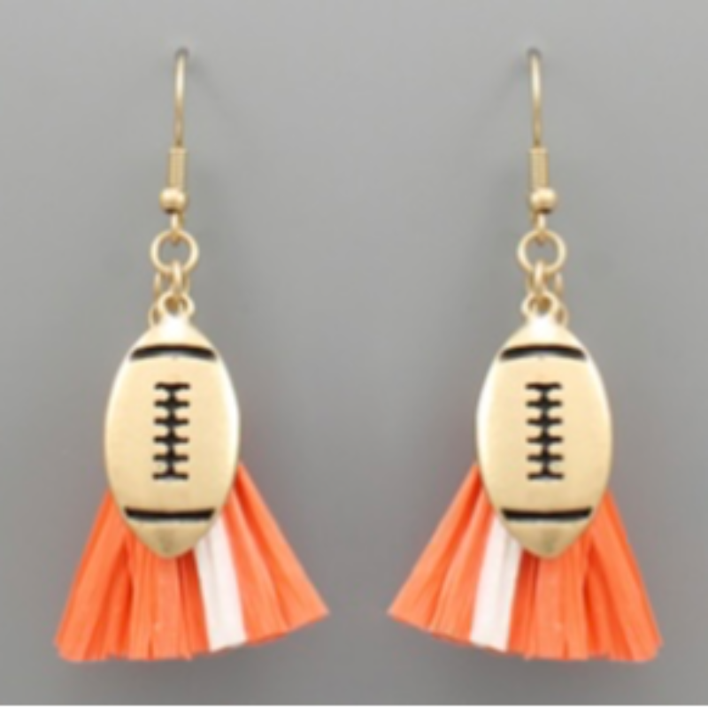 T173- 2.25” Orange/White Football & Raffia Tassel Earrings Main Image