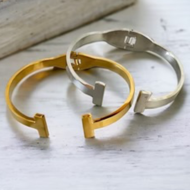 Y65- Modern Chic: Stainless Steel Double Square T Open Bangle - Thumbnail (Preview) 2