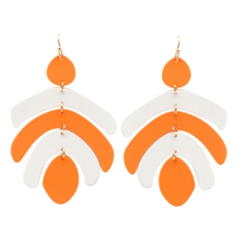 T128- 2.25” Orange/White Geometric Link Color Coated Earrings Main Image